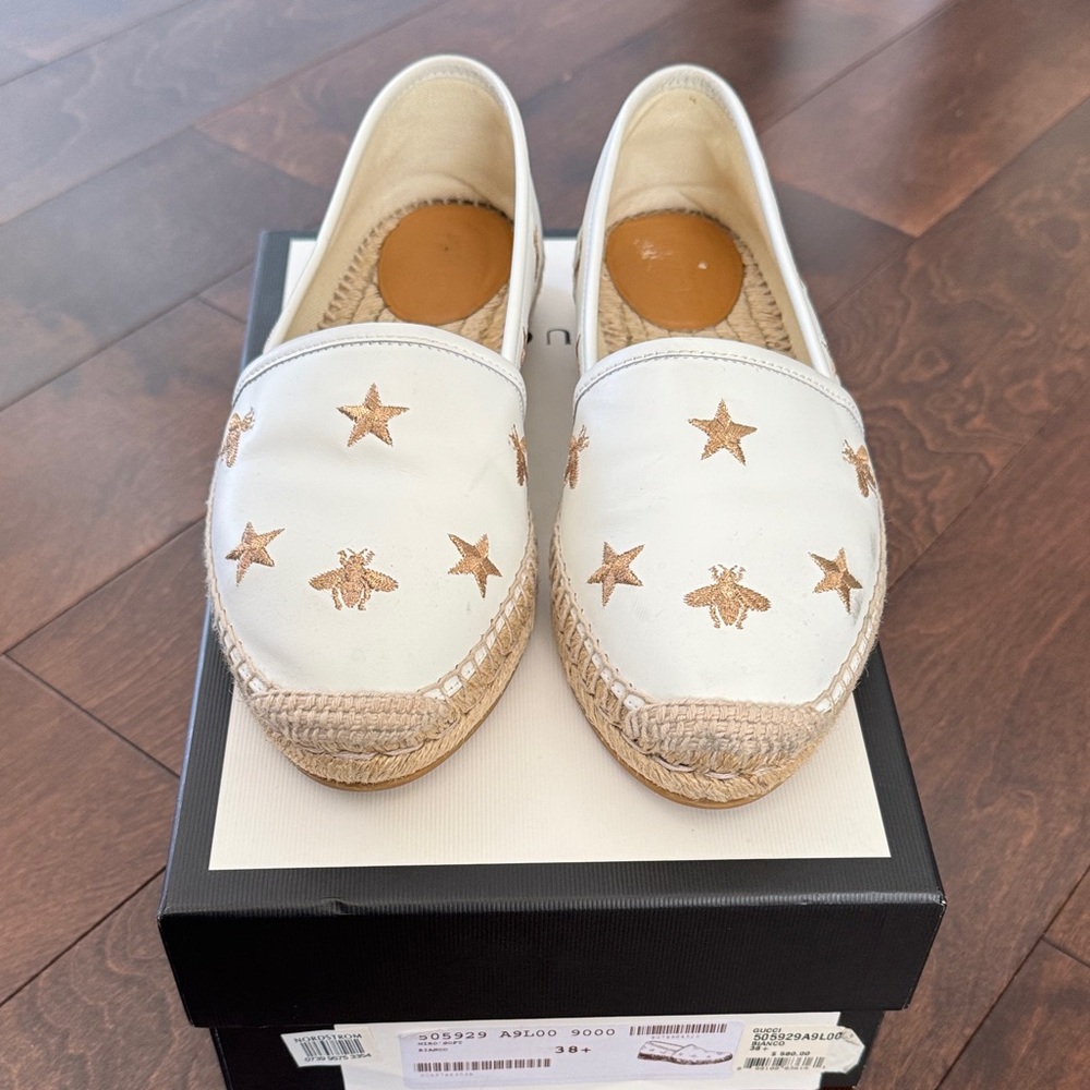 Gucci White and Gold Espadrille Loafers